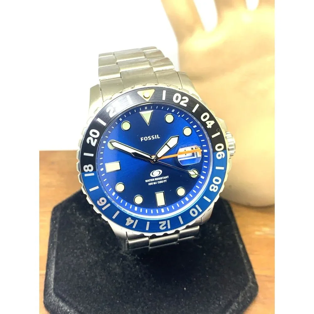 Fossil Men's Watch FS5991 GMT Quartz Blue Dial Silver Stainless Steel 46mm